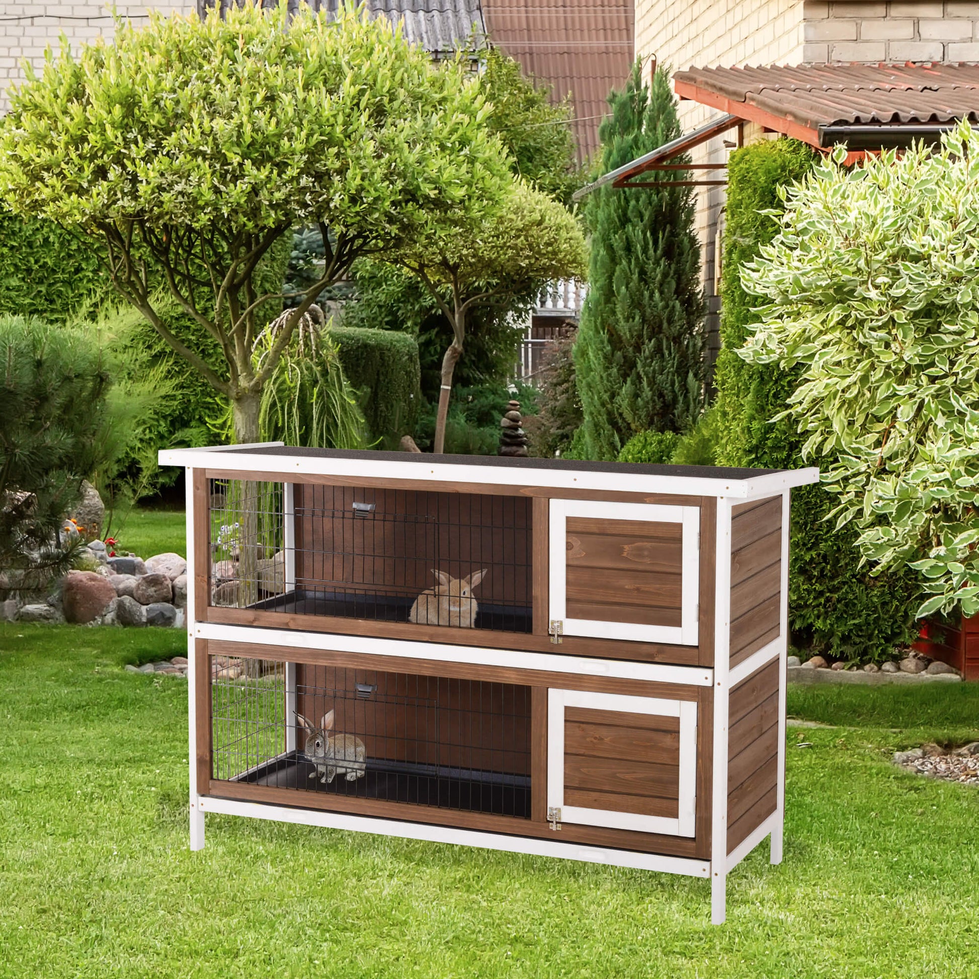 KFX-5989693 Large 54" 2-Story Rabbit Hutch Pet House with Lockable Doors and Removable Floor Trays