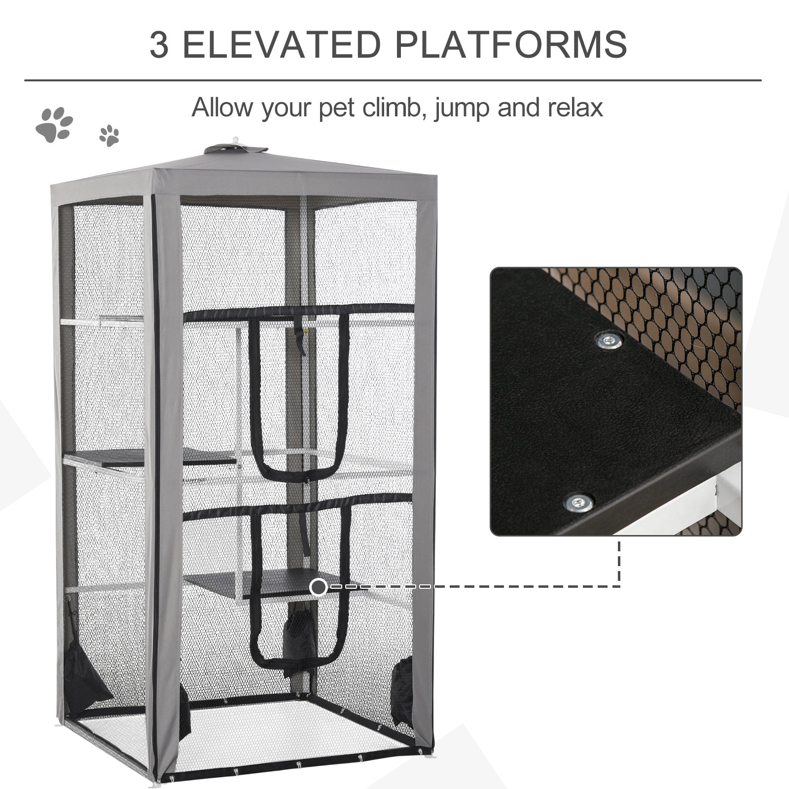 KFX-5990077 Secure Outdoor Cat Playpen with 3 Platforms and Zippered Access, Metal Frame