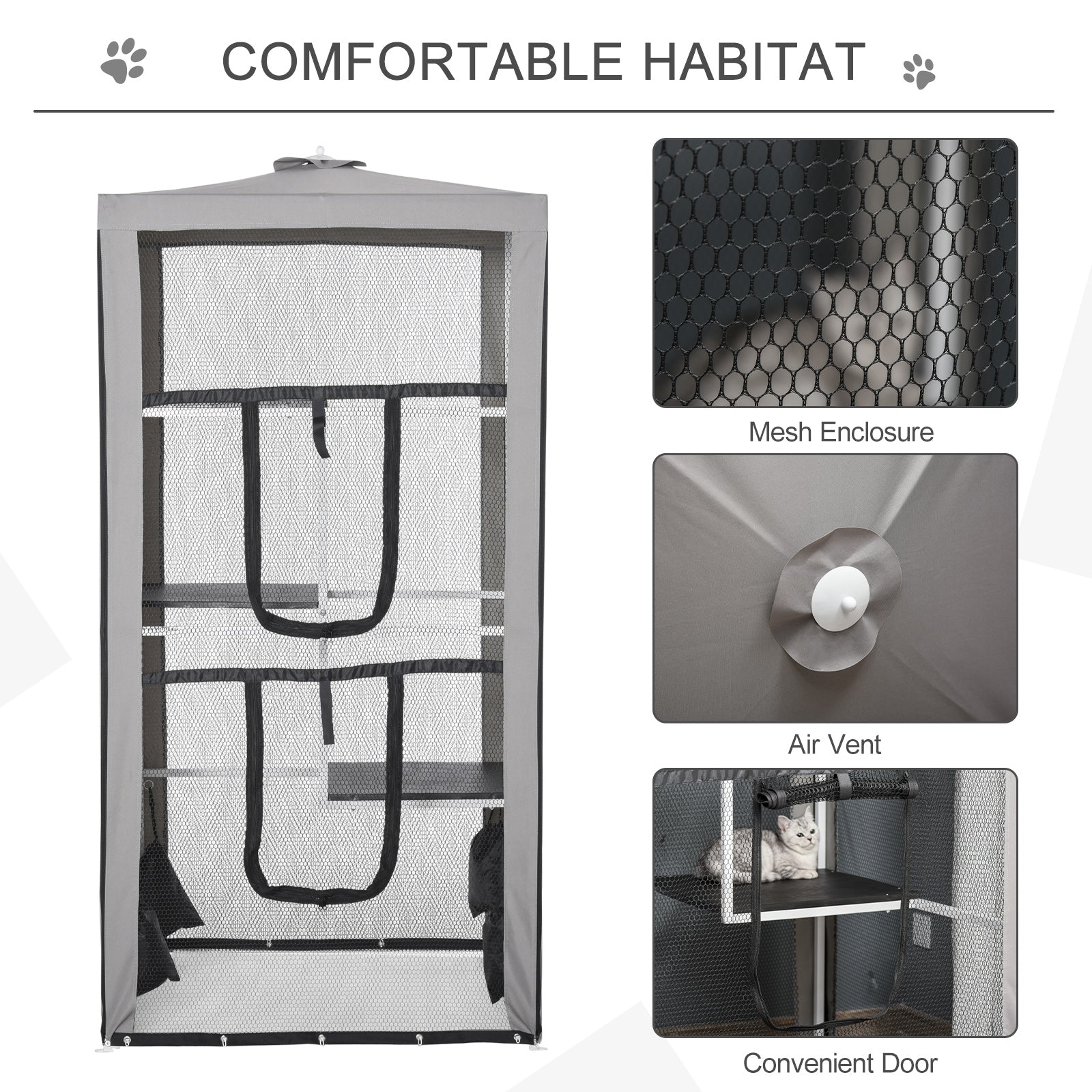 KFX-5990077 Secure Outdoor Cat Playpen with 3 Platforms and Zippered Access, Metal Frame