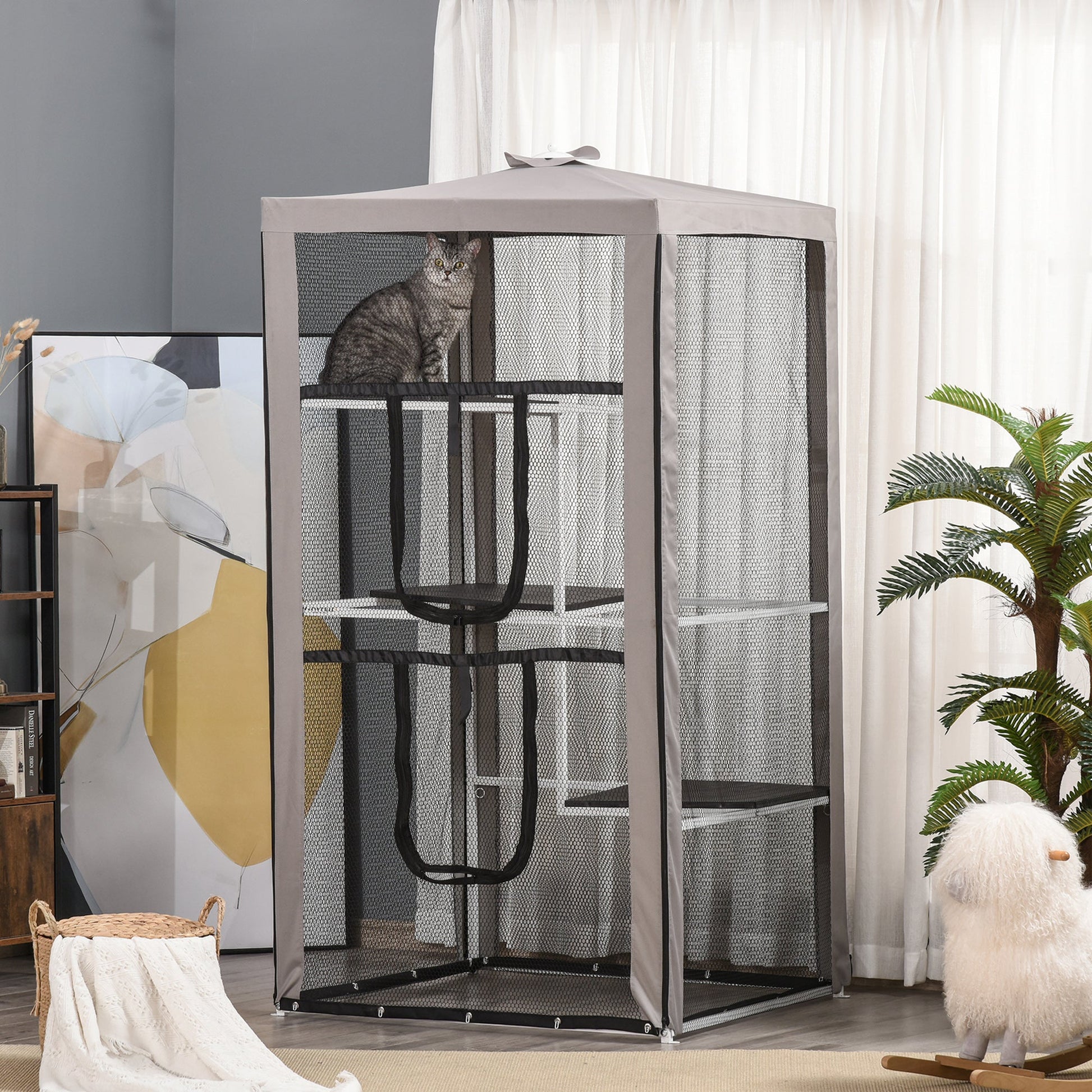 KFX-5990077 Secure Outdoor Cat Playpen with 3 Platforms and Zippered Access, Metal Frame