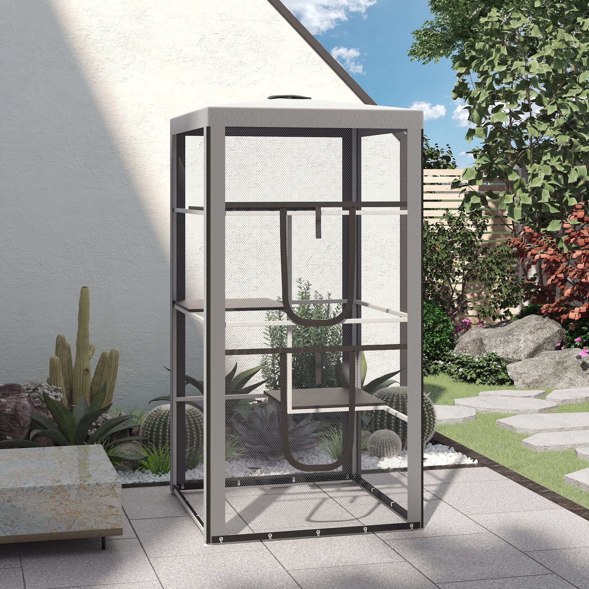 KFX-5990077 Secure Outdoor Cat Playpen with 3 Platforms and Zippered Access, Metal Frame