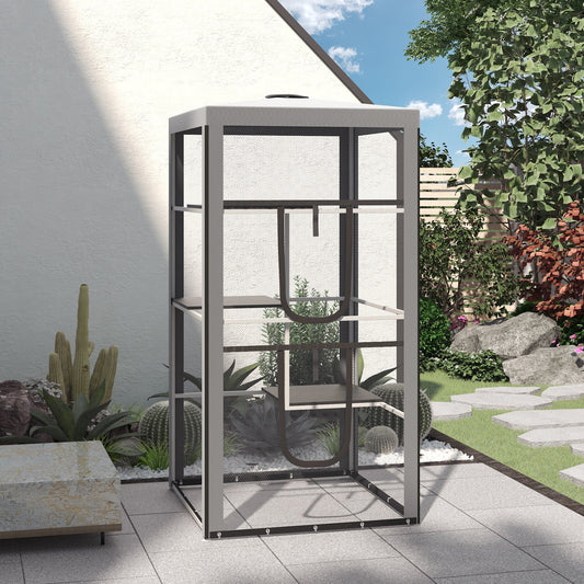 KFX-5990077 Secure Outdoor Cat Playpen with 3 Platforms and Zippered Access, Metal Frame