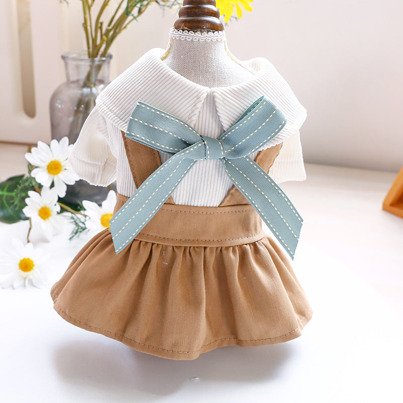 KFX-5990205 Khaki Polyester Bowknot Student Dress for Dogs and Cats - Multiple Sizes Available
