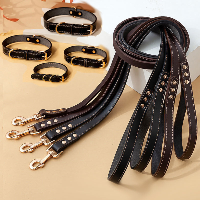 KFX-5993789 Durable PU Leather Tow Rope Dog Collar and Lead Set for Small, Medium, and Large Dogs - 1.5m Length