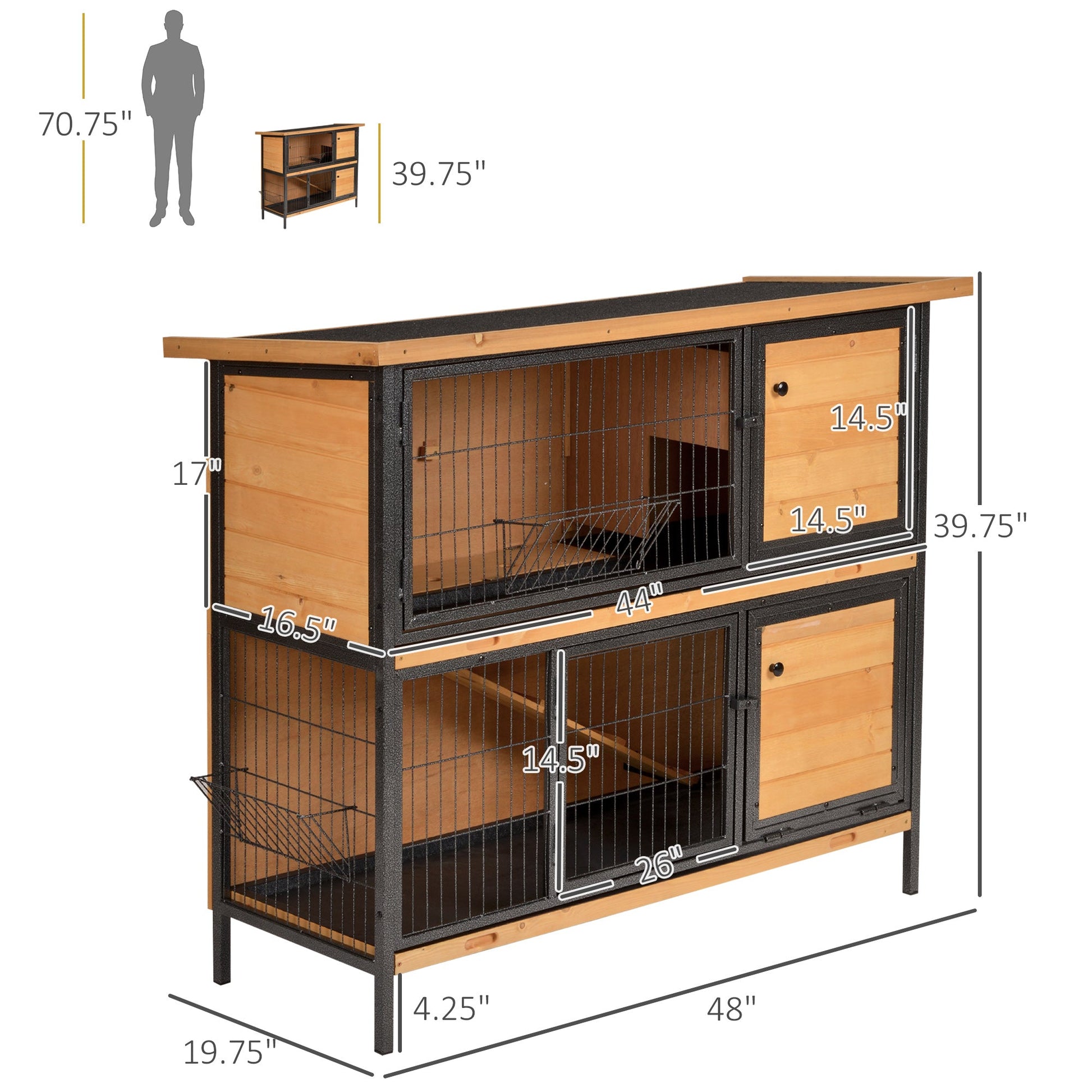 KFX-5995453 Large Outdoor Rabbit Hutch with 2 Levels, Enclosed Space, and Ramp for Small Pets