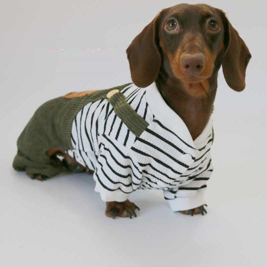 KFX-5997373 Casual Thin Corduroy Four-Legged Pet Pants for Small Dogs - Green Black and White Stripes