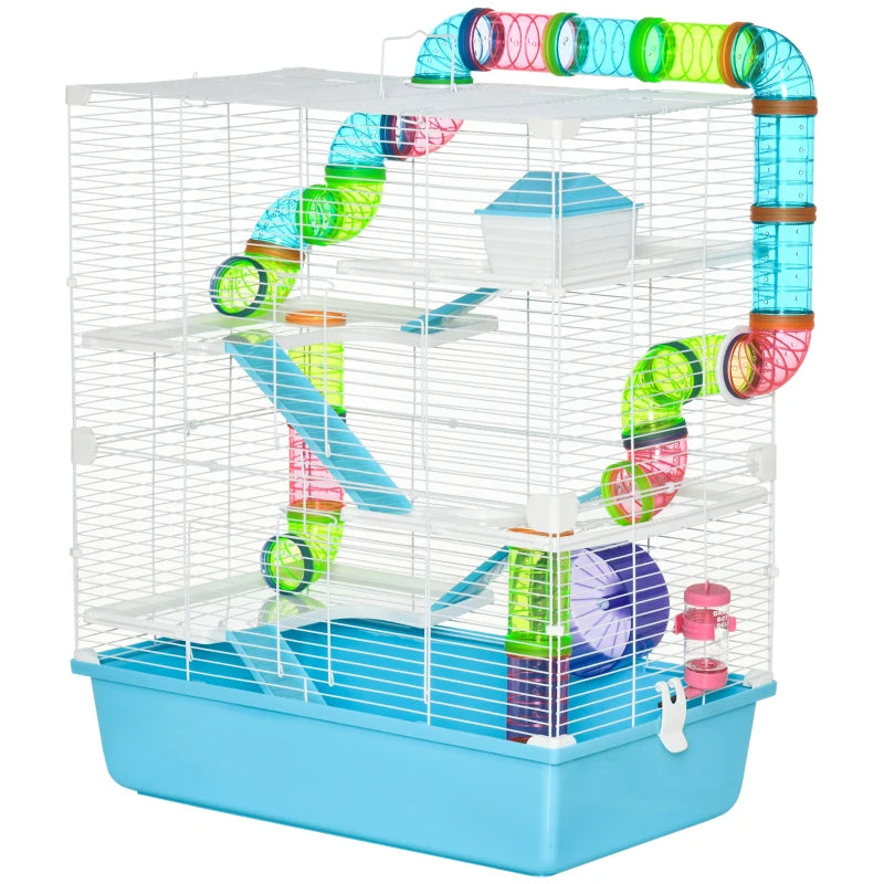 KFX-6001213 Light Blue Hamster Cage with Tubes, 5-Tier Design, Exercise Wheel, Water Bottle, Includes Food Dish, Portable Handles