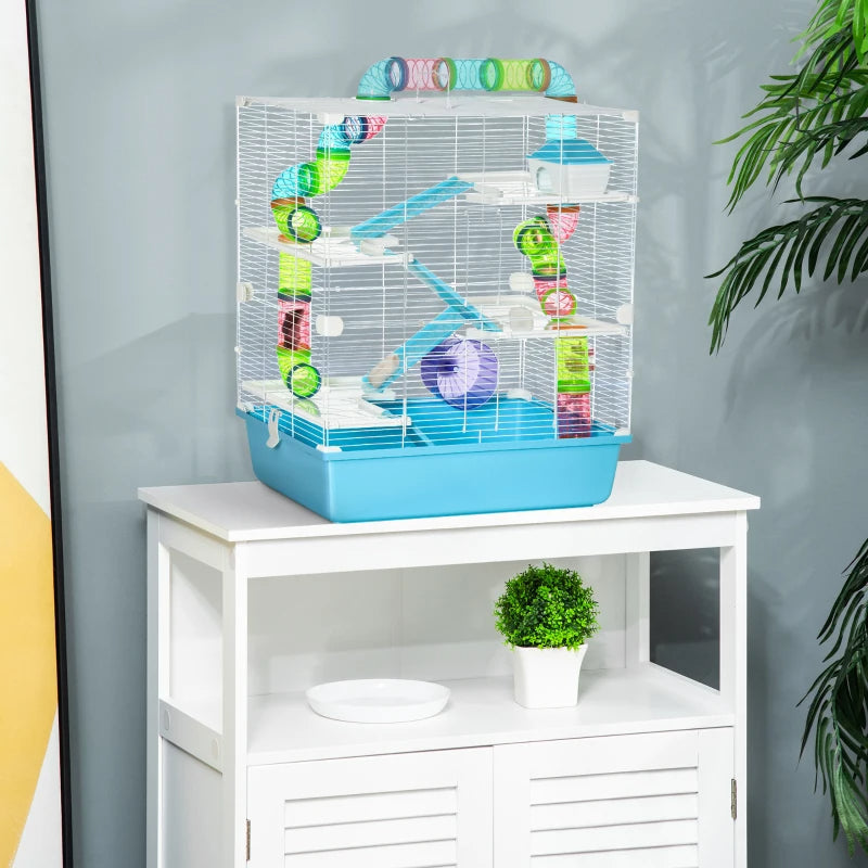 KFX-6001213 Light Blue Hamster Cage with Tubes, 5-Tier Design, Exercise Wheel, Water Bottle, Includes Food Dish, Portable Handles