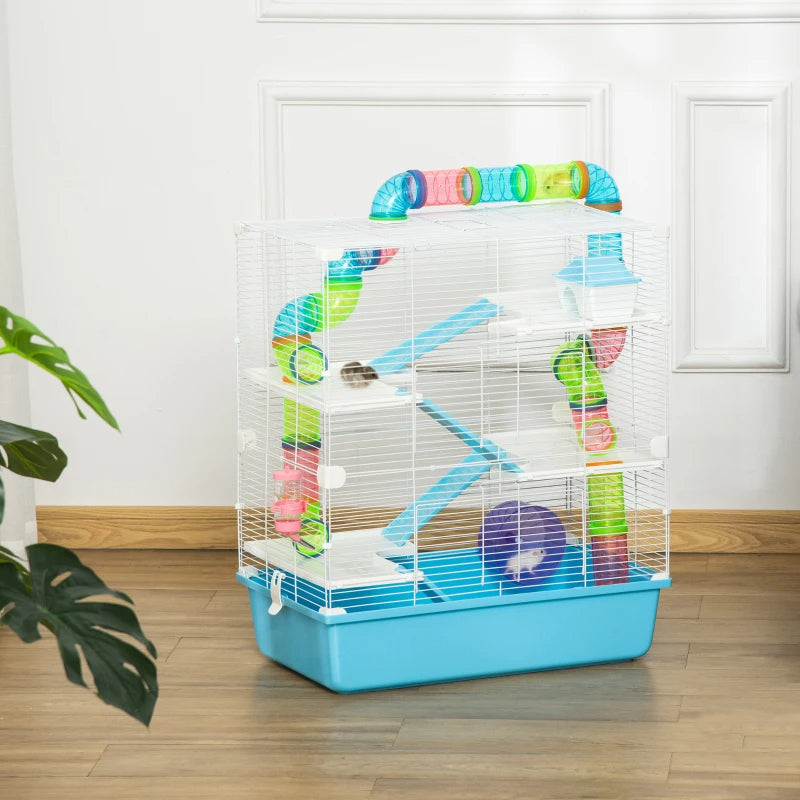 KFX-6001213 Light Blue Hamster Cage with Tubes, 5-Tier Design, Exercise Wheel, Water Bottle, Includes Food Dish, Portable Handles