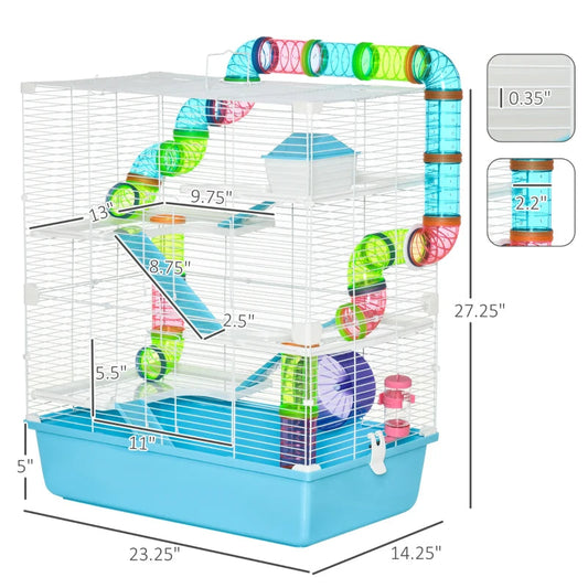 KFX-6001213 Light Blue Hamster Cage with Tubes, 5-Tier Design, Exercise Wheel, Water Bottle, Includes Food Dish, Portable Handles
