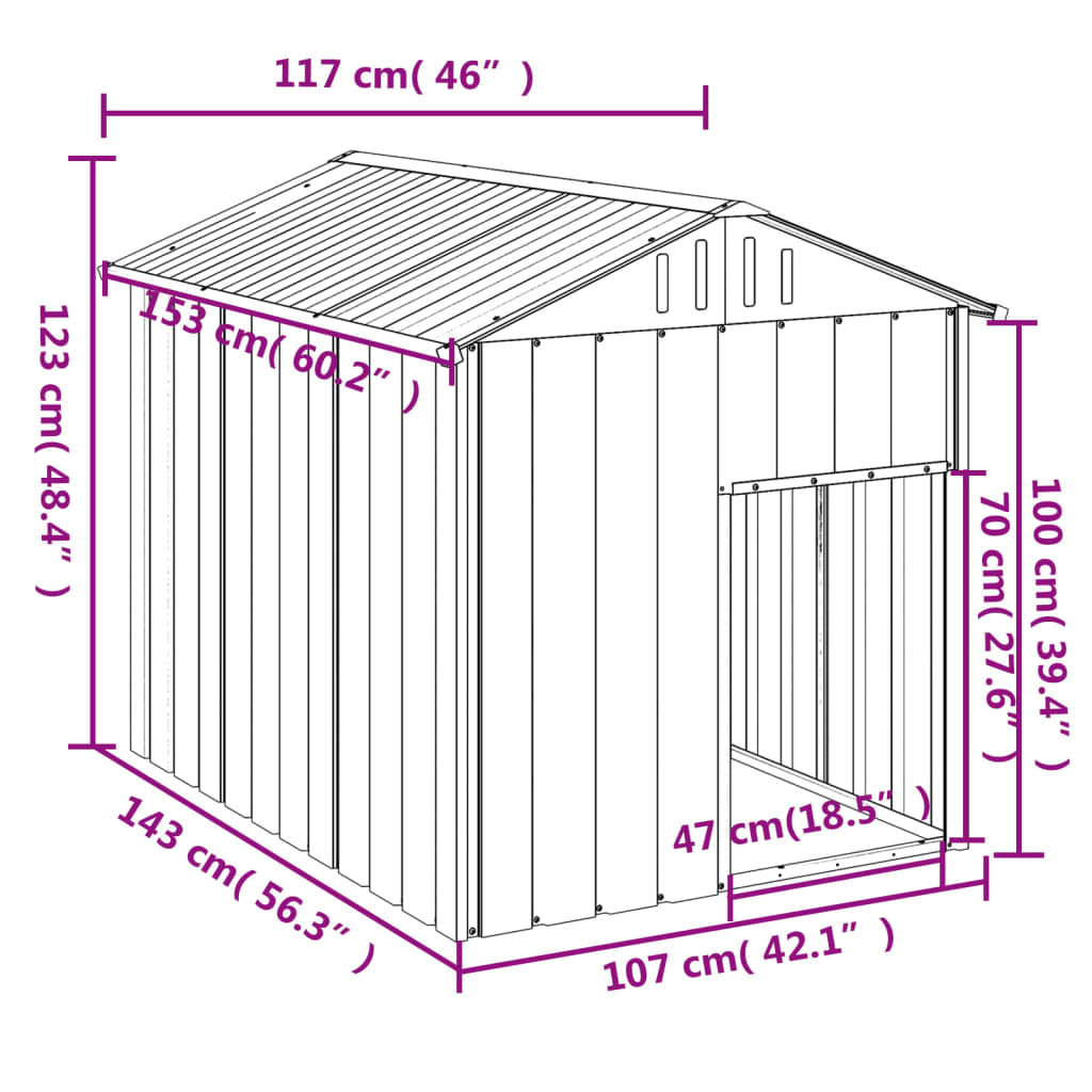 KFX-6001597 Galvanized Steel Doghouse with Roof, Anthracite Color - 117x153x123 cm