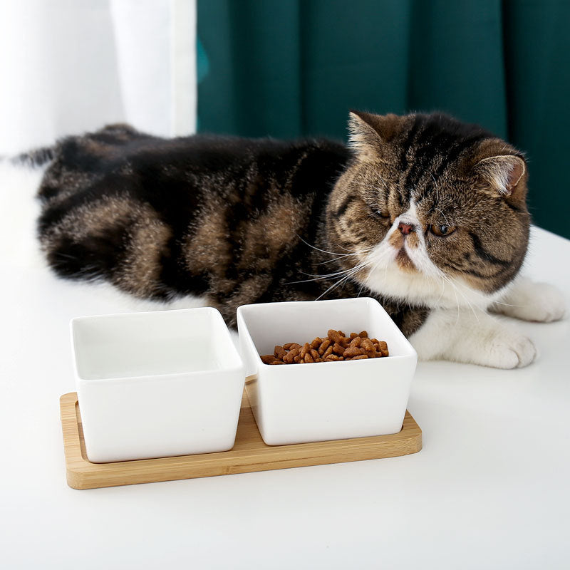KFX-6003517 Ceramic Pet Rice Bowl with Bamboo Stand for Cats and Dogs - 300ml Capacity