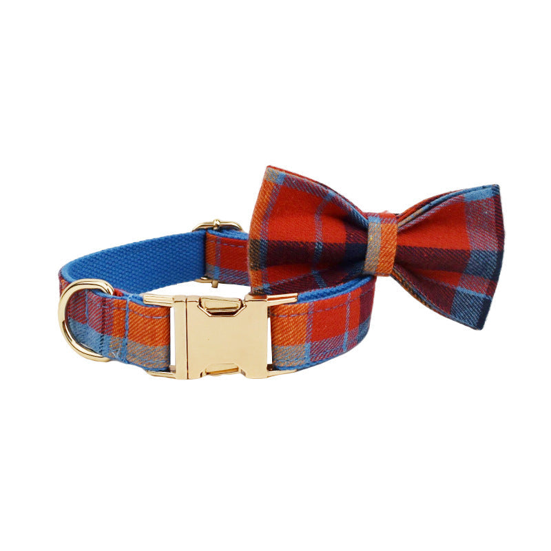 KFX-6007101 Blue Velvet Plaid Dog Collar and Leash Set with Bow - Stylish Pet Accessory