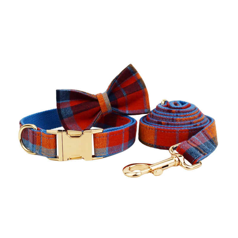 KFX-6007101 Blue Velvet Plaid Dog Collar and Leash Set with Bow - Stylish Pet Accessory