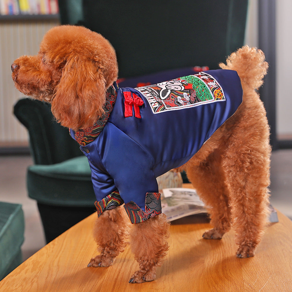 KFX-6011453 Winter Padded Dog Clothing - Cozy Two-Legged Outfit in Red and Blue, Made of Polyester Fiber and Spray Cotton