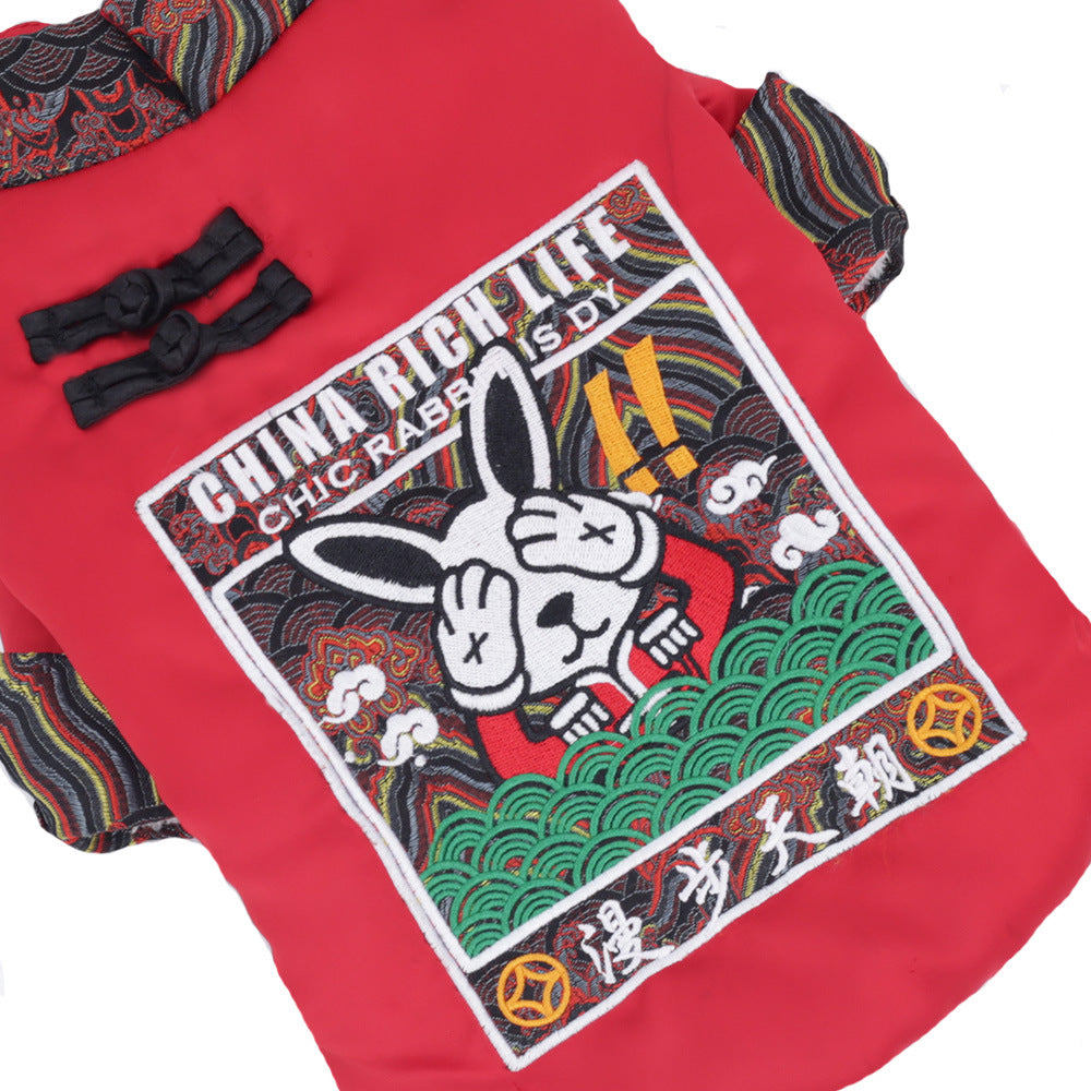 KFX-6011453 Winter Padded Dog Clothing - Cozy Two-Legged Outfit in Red and Blue, Made of Polyester Fiber and Spray Cotton