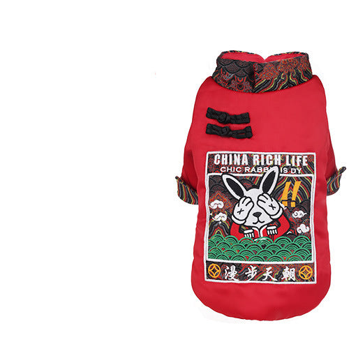 KFX-6011453 Winter Padded Dog Clothing - Cozy Two-Legged Outfit in Red and Blue, Made of Polyester Fiber and Spray Cotton