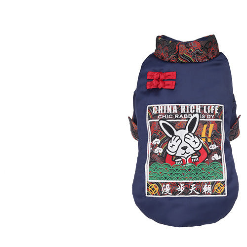 KFX-6011453 Winter Padded Dog Clothing - Cozy Two-Legged Outfit in Red and Blue, Made of Polyester Fiber and Spray Cotton