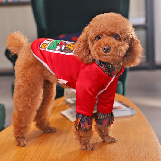 KFX-6011453 Winter Padded Dog Clothing - Cozy Two-Legged Outfit in Red and Blue, Made of Polyester Fiber and Spray Cotton