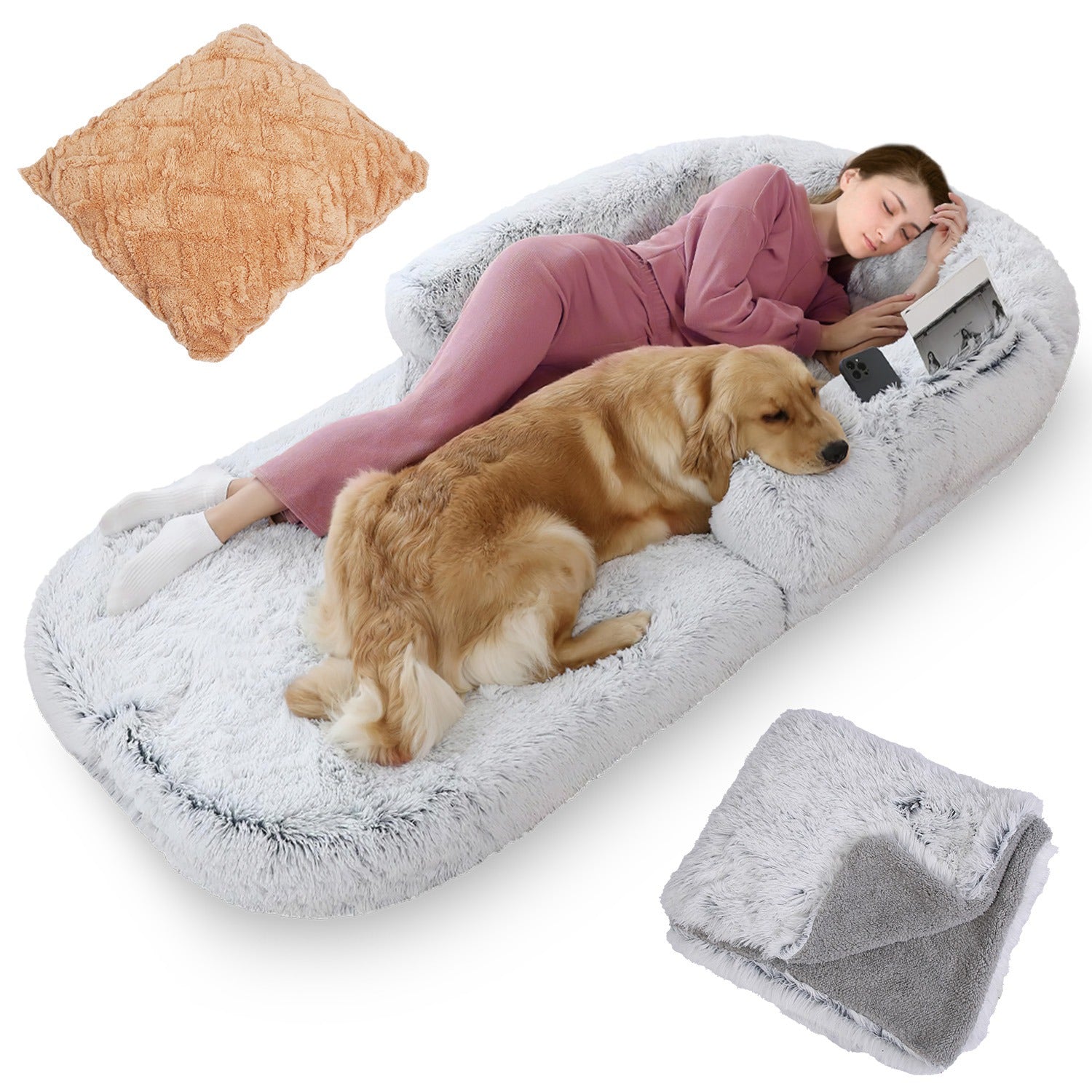 KFX-6017469 Large Foldable Human-Sized Dog Bed with Pillow and Blanket, Removable Zipped Cover, Plush Material, Grey 71x45x10in