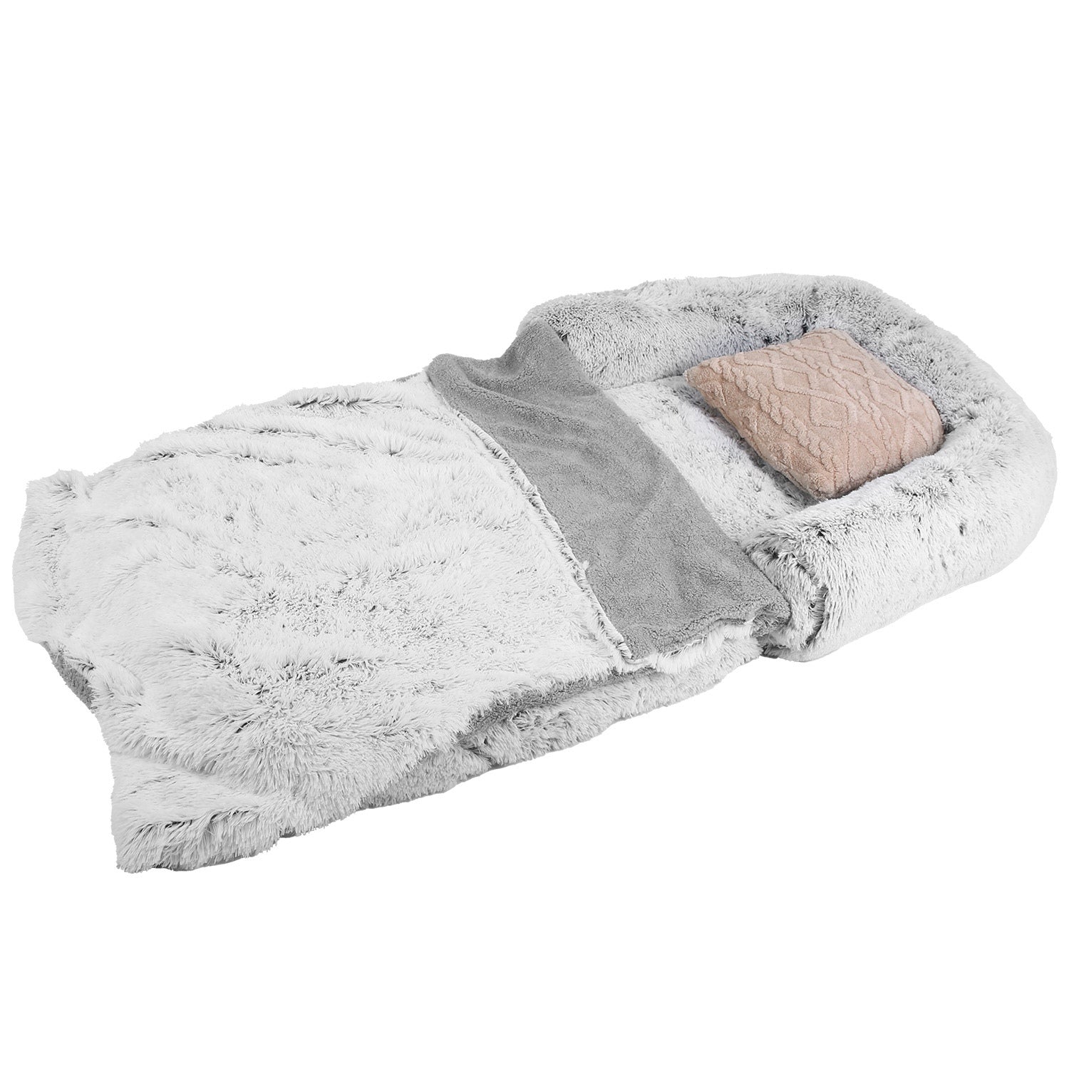 KFX-6017469 Large Foldable Human-Sized Dog Bed with Pillow and Blanket, Removable Zipped Cover, Plush Material, Grey 71x45x10in