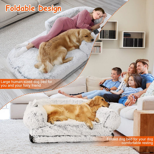 KFX-6017469 Large Foldable Human-Sized Dog Bed with Pillow and Blanket, Removable Zipped Cover, Plush Material, Grey 71x45x10in