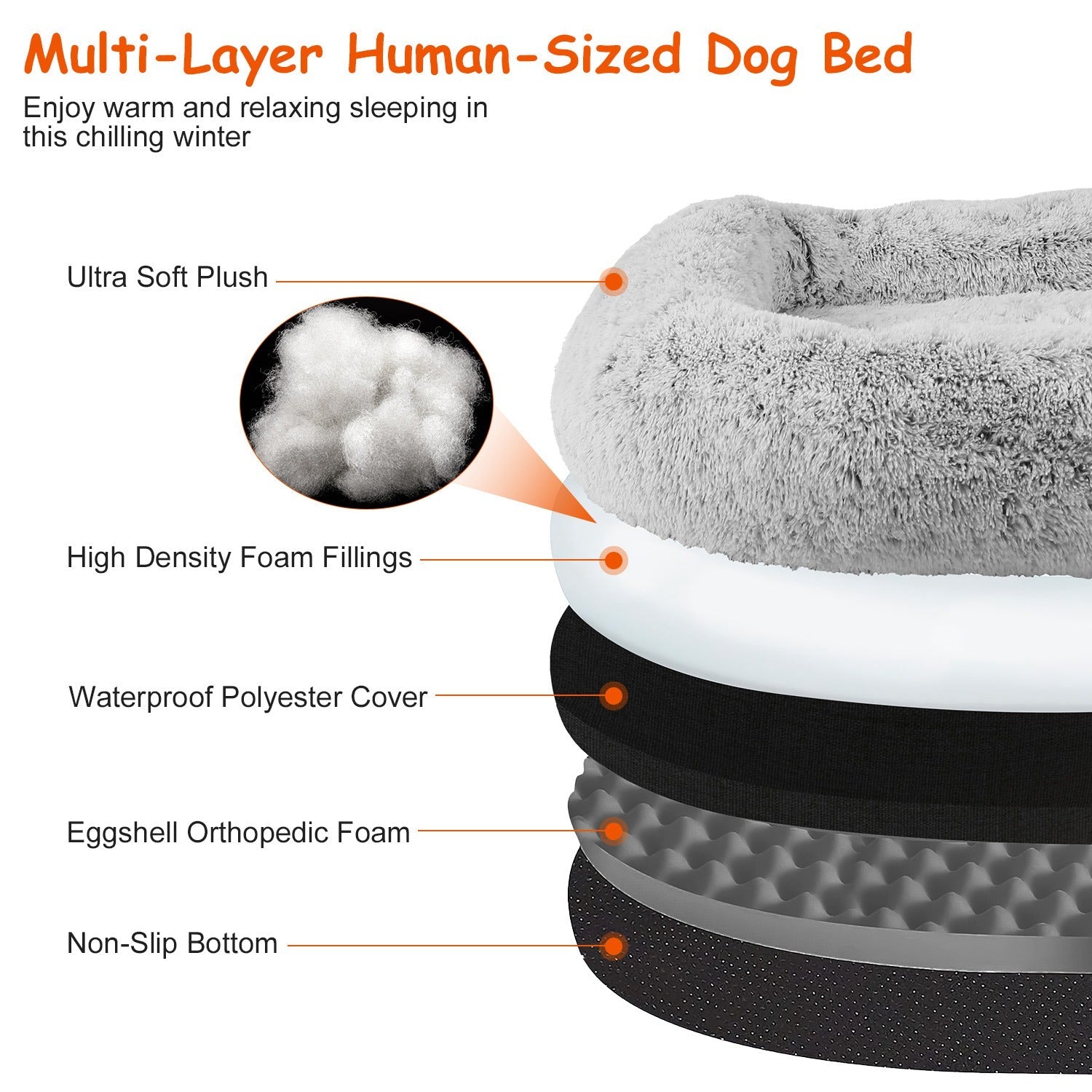 KFX-6017469 Large Foldable Human-Sized Dog Bed with Pillow and Blanket, Removable Zipped Cover, Plush Material, Grey 71x45x10in