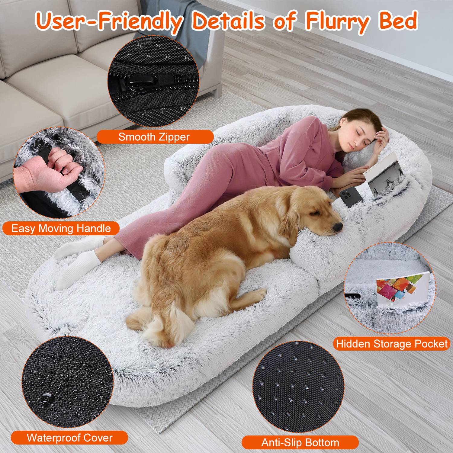 KFX-6017469 Large Foldable Human-Sized Dog Bed with Pillow and Blanket, Removable Zipped Cover, Plush Material, Grey 71x45x10in