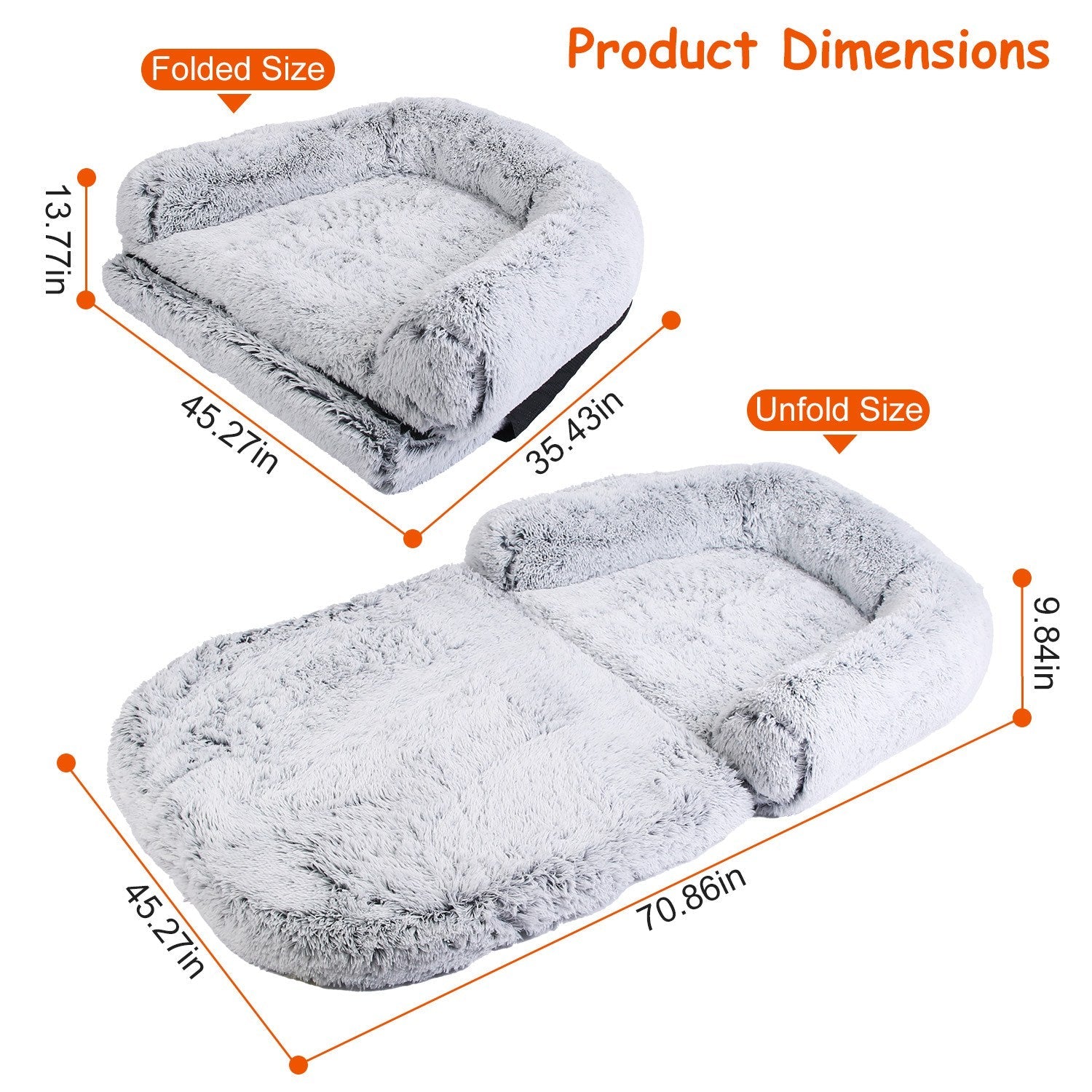 KFX-6017469 Large Foldable Human-Sized Dog Bed with Pillow and Blanket, Removable Zipped Cover, Plush Material, Grey 71x45x10in