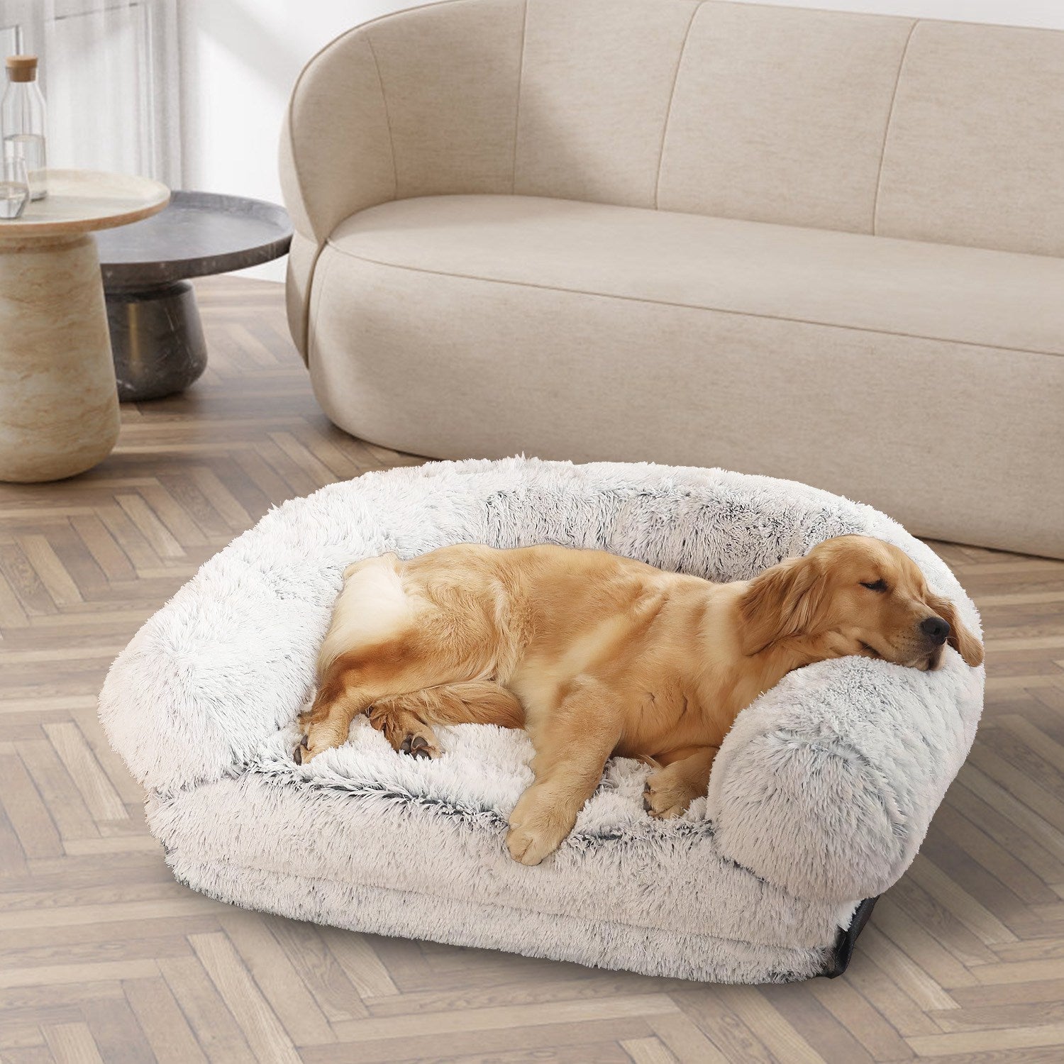 KFX-6017469 Large Foldable Human-Sized Dog Bed with Pillow and Blanket, Removable Zipped Cover, Plush Material, Grey 71x45x10in