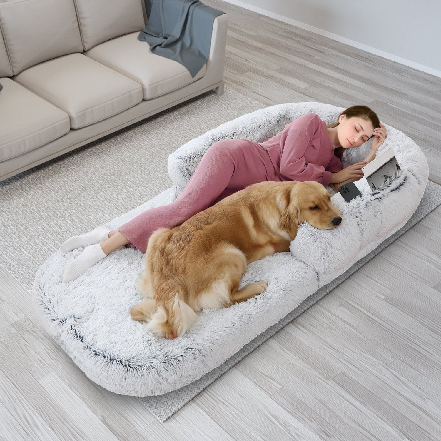 KFX-6017469 Large Foldable Human-Sized Dog Bed with Pillow and Blanket, Removable Zipped Cover, Plush Material, Grey 71x45x10in