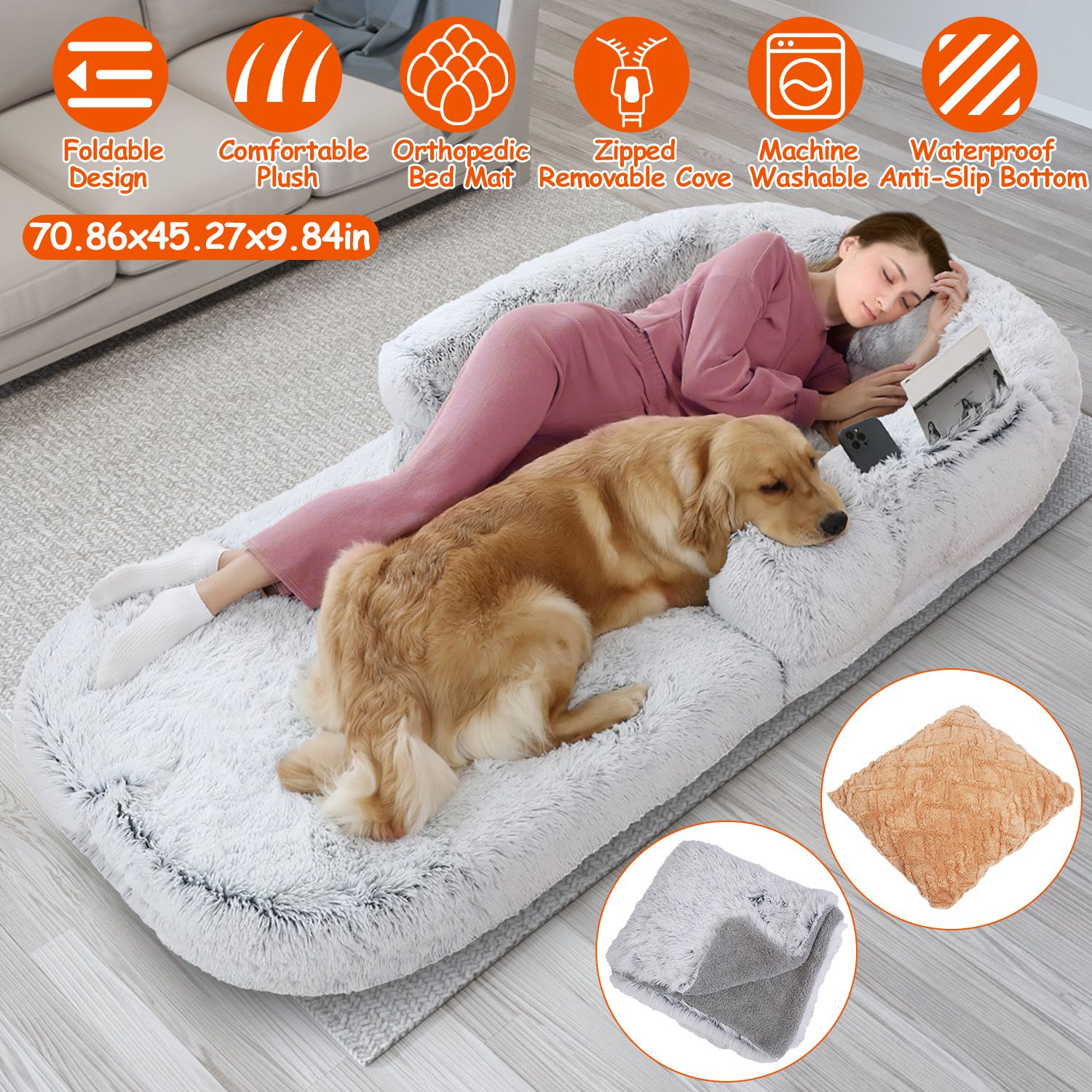 KFX-6017469 Large Foldable Human-Sized Dog Bed with Pillow and Blanket, Removable Zipped Cover, Plush Material, Grey 71x45x10in
