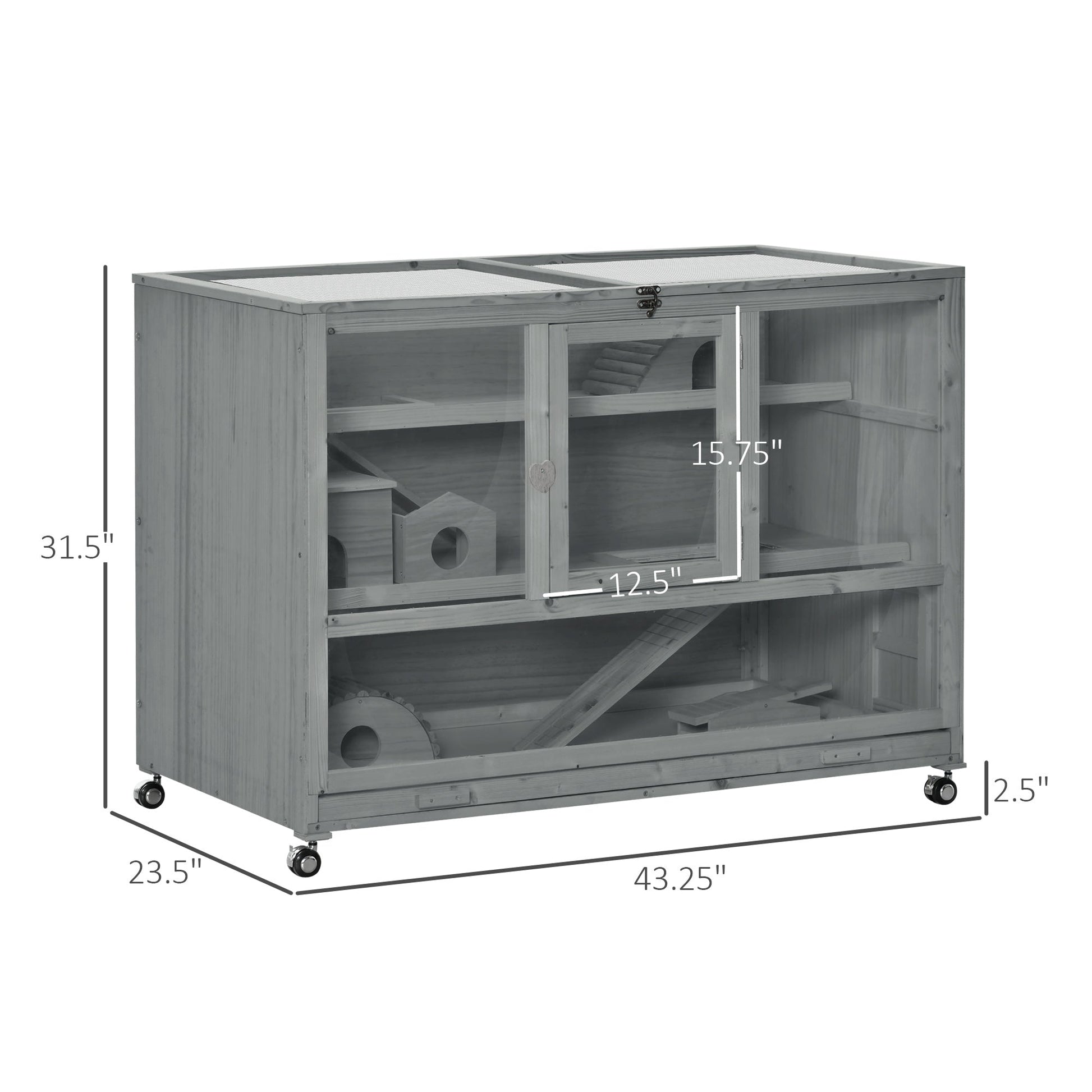 KFX-6028221 3-Tier Hamster Cage with Ladder and Wheels for Small Animals, Slate Grey Fir Wood Structure