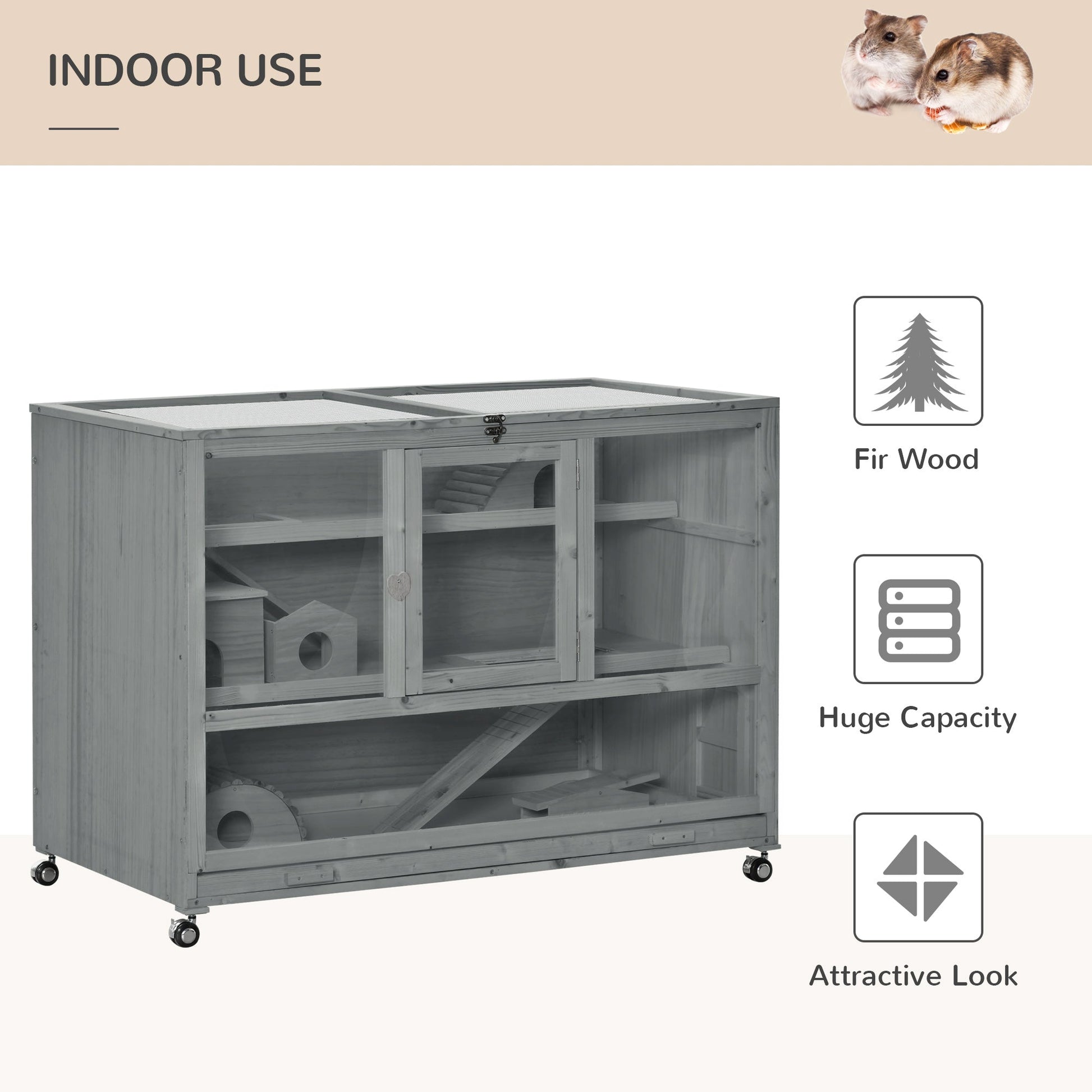KFX-6028221 3-Tier Hamster Cage with Ladder and Wheels for Small Animals, Slate Grey Fir Wood Structure