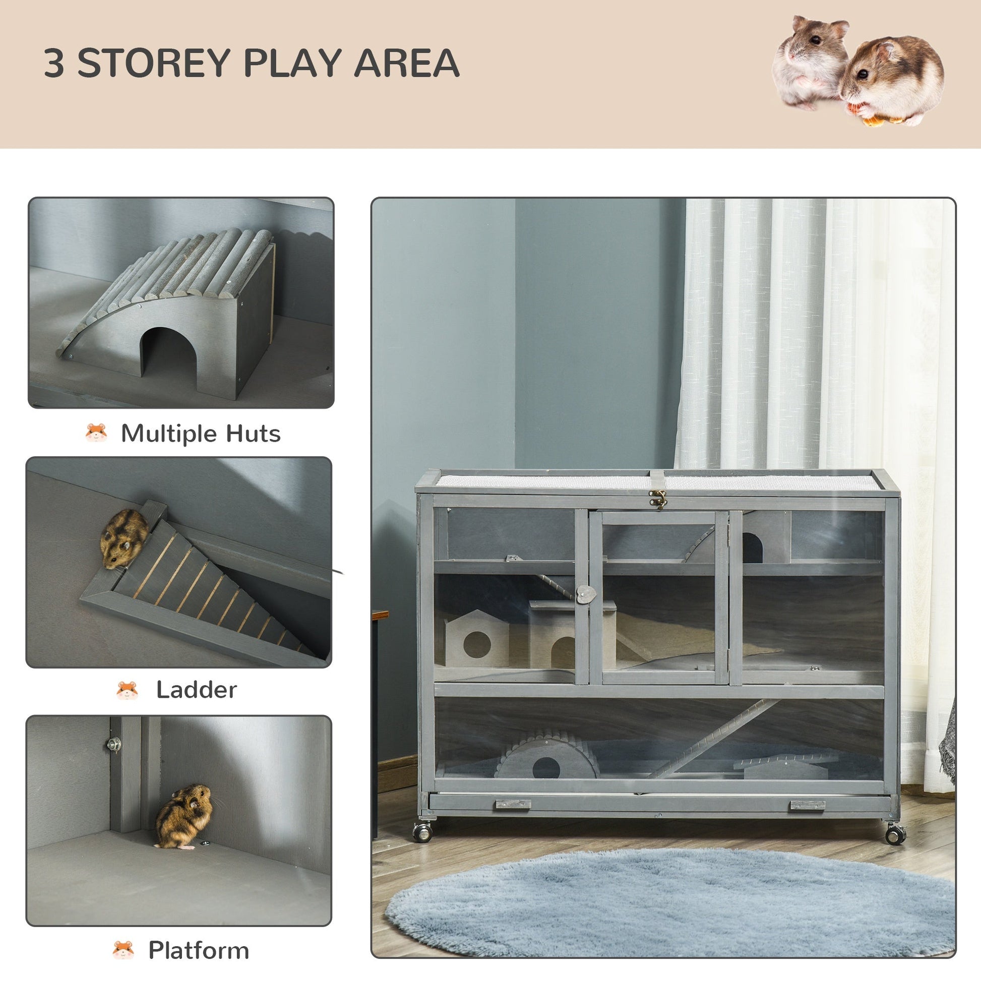 KFX-6028221 3-Tier Hamster Cage with Ladder and Wheels for Small Animals, Slate Grey Fir Wood Structure