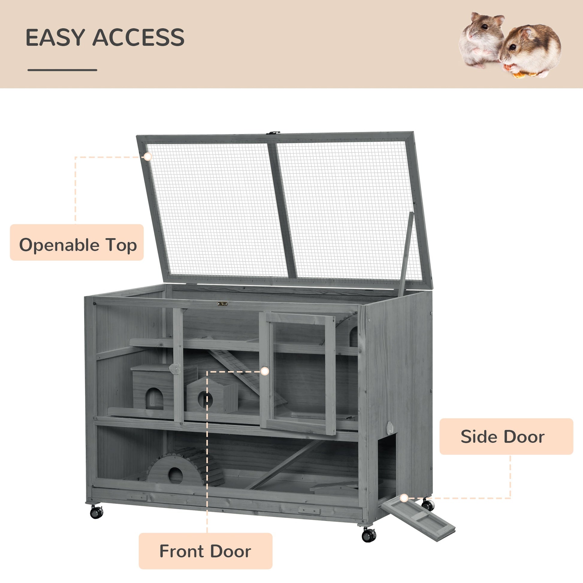 KFX-6028221 3-Tier Hamster Cage with Ladder and Wheels for Small Animals, Slate Grey Fir Wood Structure