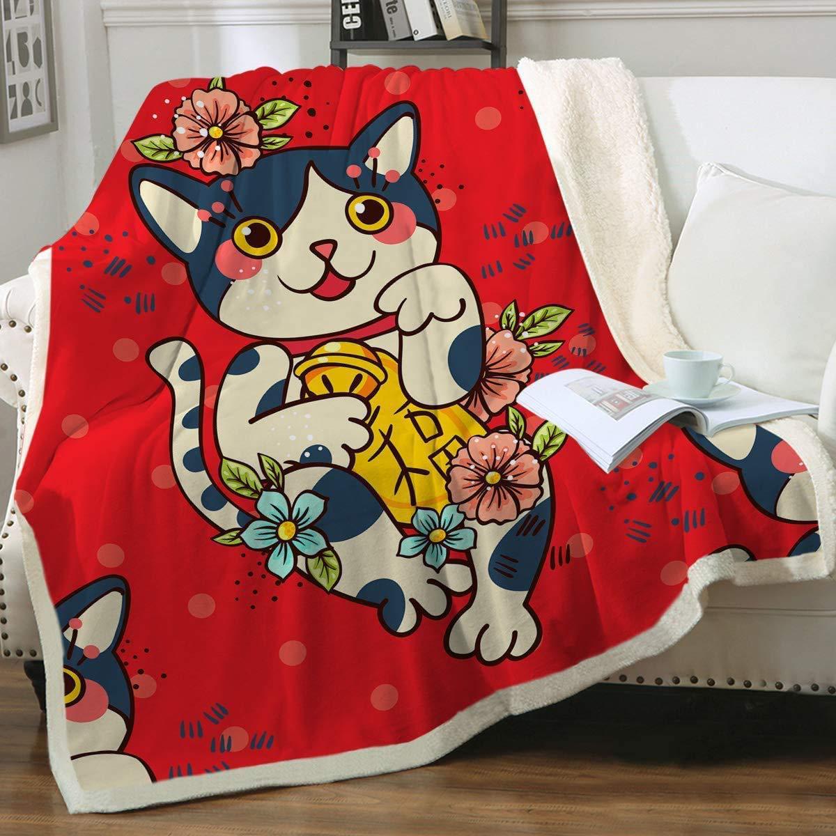 KFX-6031165 Cartoon Animal Pattern Cat Sherpa Blanket - Double Layer, Available in Multiple Sizes