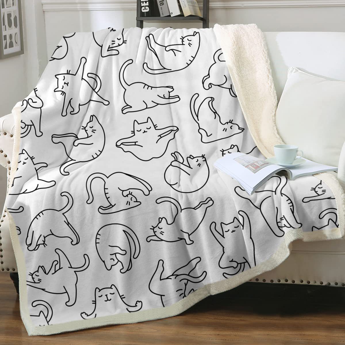 KFX-6031165 Cartoon Animal Pattern Cat Sherpa Blanket - Double Layer, Available in Multiple Sizes