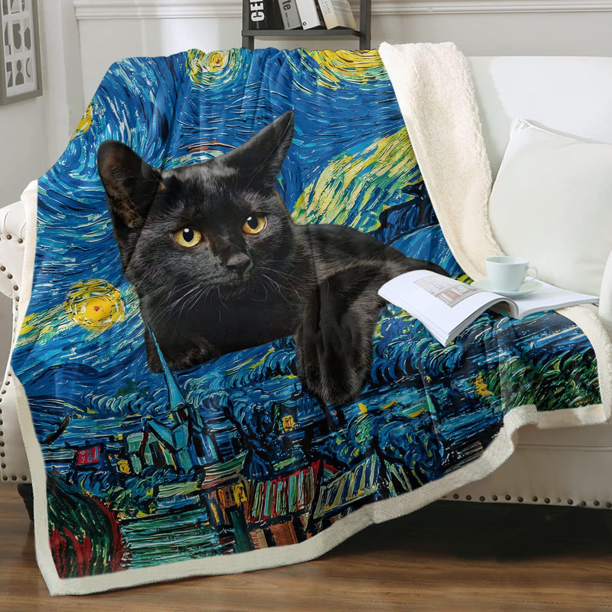 KFX-6031165 Cartoon Animal Pattern Cat Sherpa Blanket - Double Layer, Available in Multiple Sizes