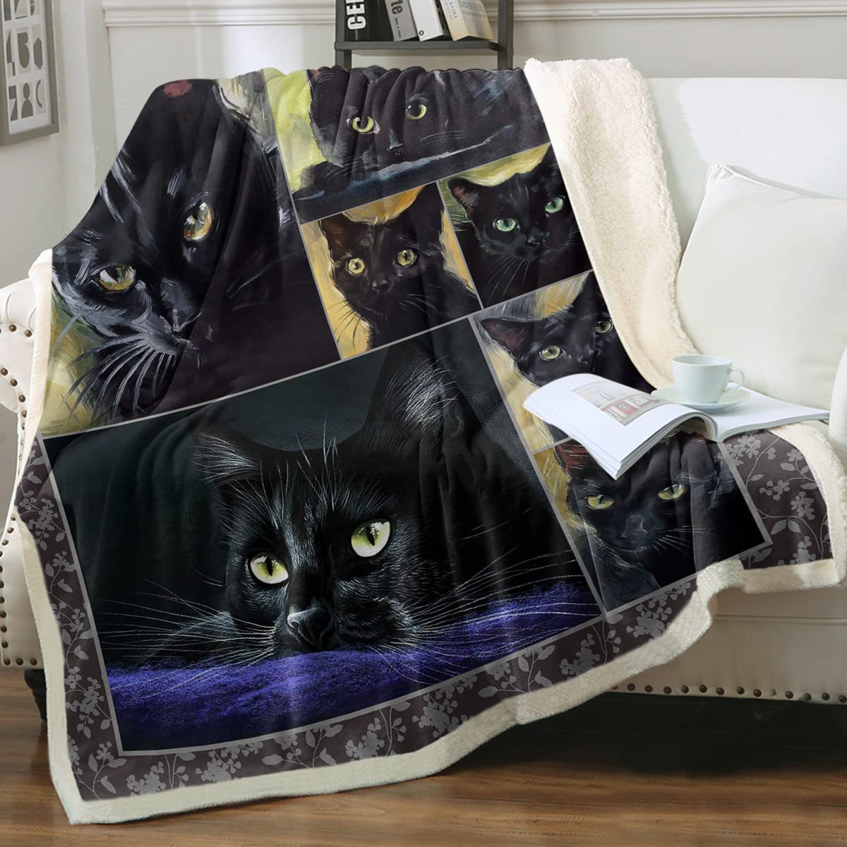 KFX-6031165 Cartoon Animal Pattern Cat Sherpa Blanket - Double Layer, Available in Multiple Sizes