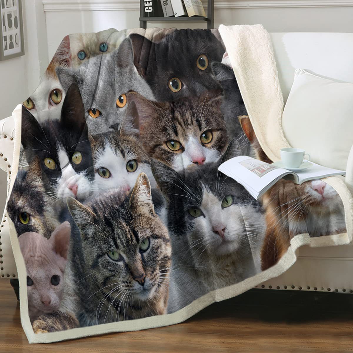 KFX-6031165 Cartoon Animal Pattern Cat Sherpa Blanket - Double Layer, Available in Multiple Sizes