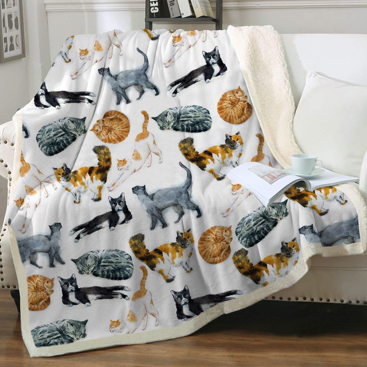 KFX-6031165 Cartoon Animal Pattern Cat Sherpa Blanket - Double Layer, Available in Multiple Sizes