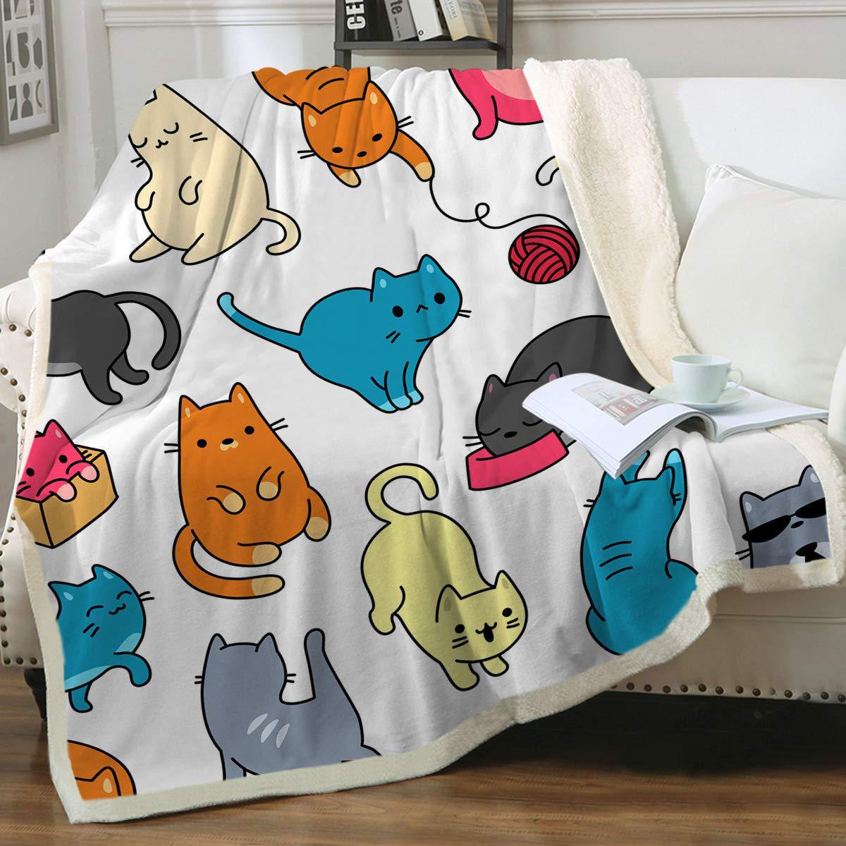 KFX-6031165 Cartoon Animal Pattern Cat Sherpa Blanket - Double Layer, Available in Multiple Sizes
