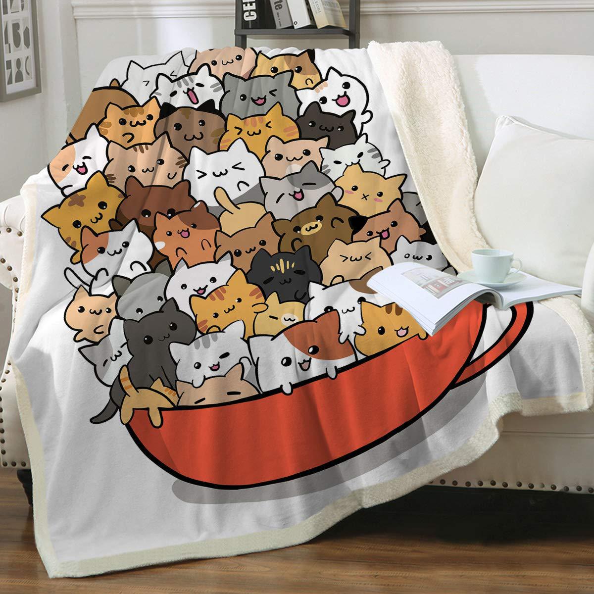 KFX-6031165 Cartoon Animal Pattern Cat Sherpa Blanket - Double Layer, Available in Multiple Sizes