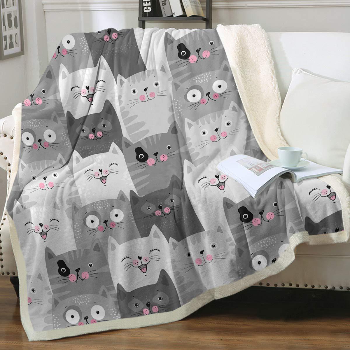 KFX-6031165 Cartoon Animal Pattern Cat Sherpa Blanket - Double Layer, Available in Multiple Sizes