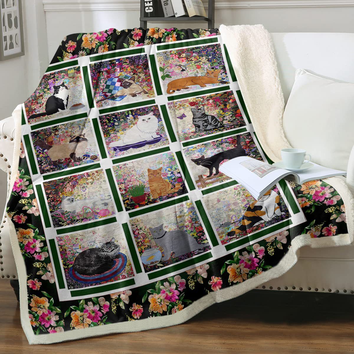 KFX-6031165 Cartoon Animal Pattern Cat Sherpa Blanket - Double Layer, Available in Multiple Sizes