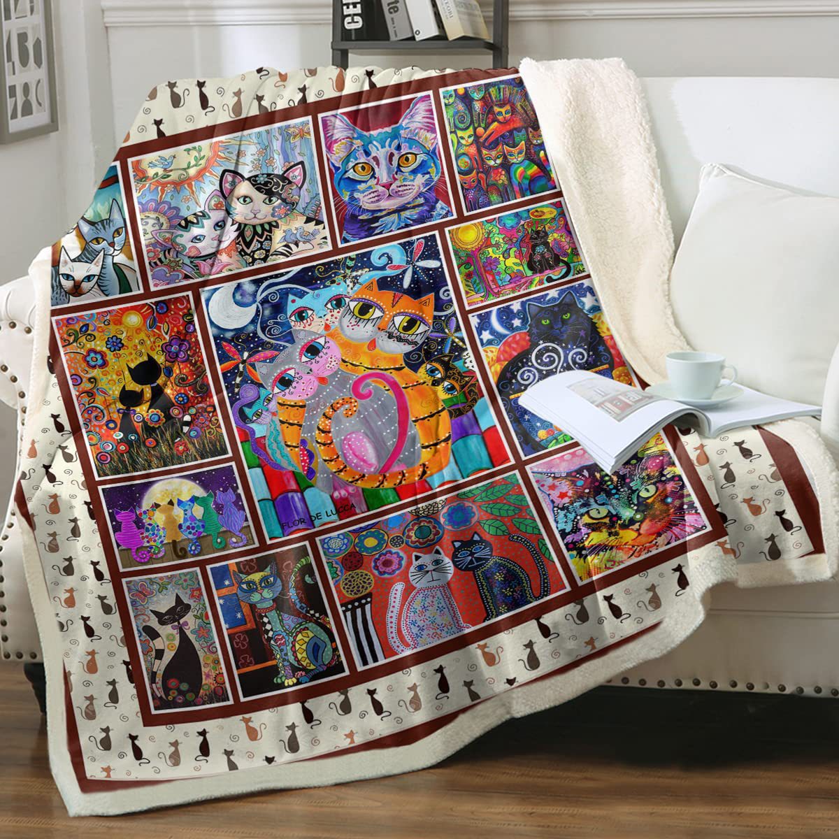 KFX-6031165 Cartoon Animal Pattern Cat Sherpa Blanket - Double Layer, Available in Multiple Sizes