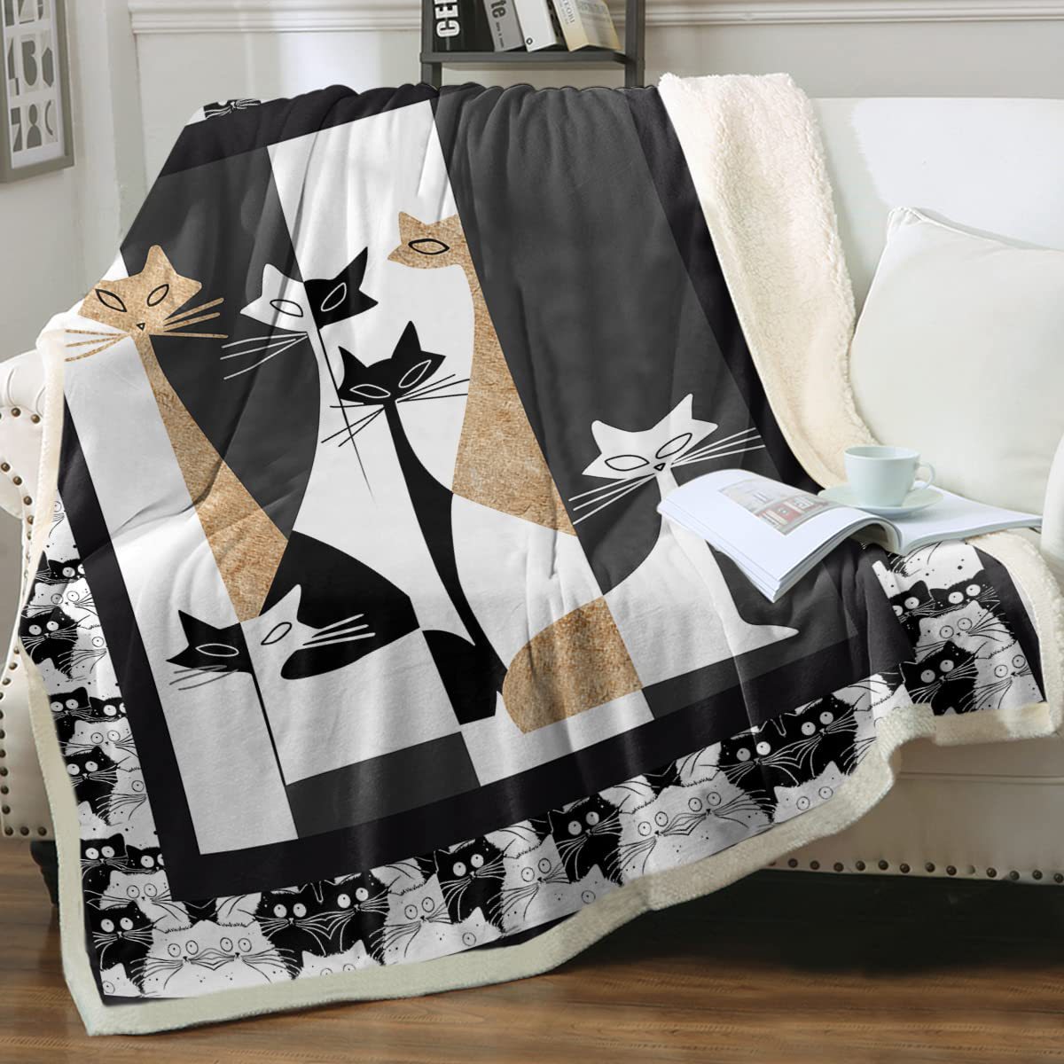 KFX-6031165 Cartoon Animal Pattern Cat Sherpa Blanket - Double Layer, Available in Multiple Sizes