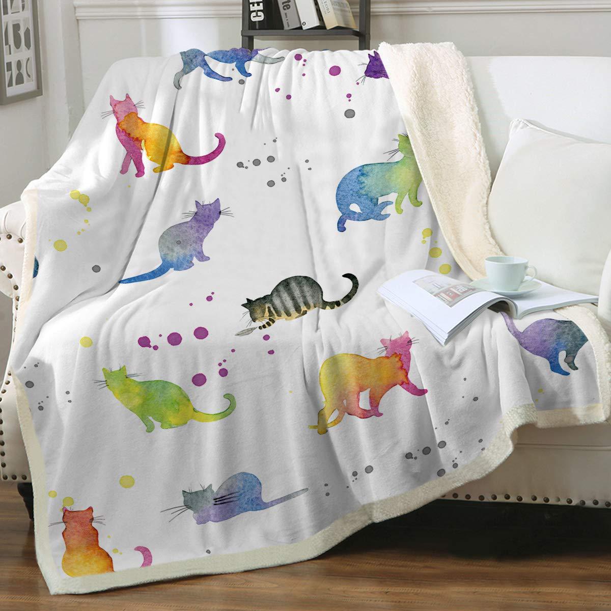 KFX-6031165 Cartoon Animal Pattern Cat Sherpa Blanket - Double Layer, Available in Multiple Sizes