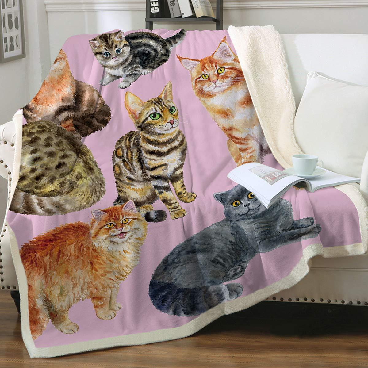 KFX-6031165 Cartoon Animal Pattern Cat Sherpa Blanket - Double Layer, Available in Multiple Sizes